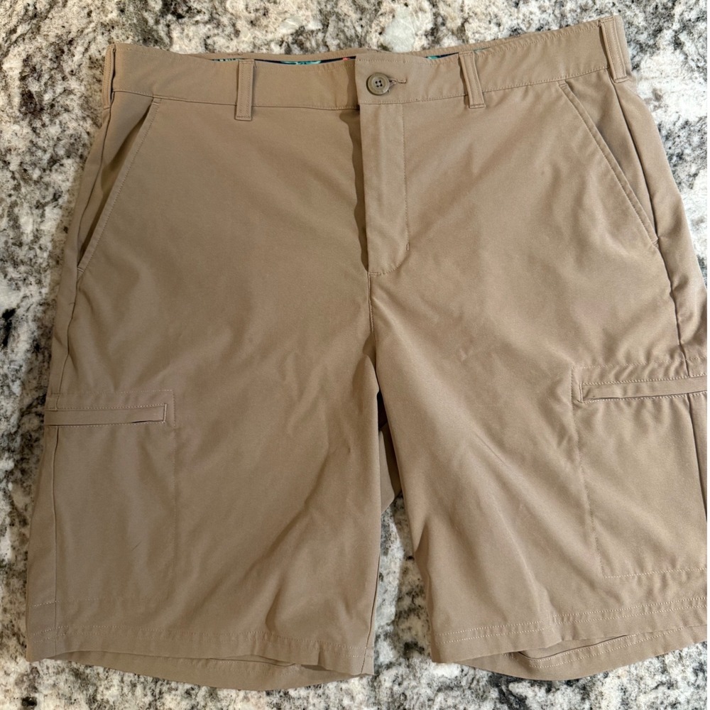 Birdie Bound Mens‎ Performance Golf Shorts Khaki Tan Floral Waistband Size 36